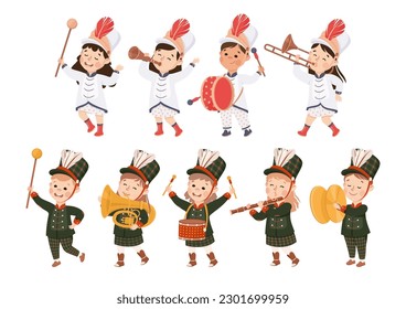 Set of boys and girls in traditional costumes playing different musical instruments in marching band parade cartoon vector illustration