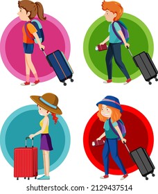 Set of boys and girls traveling with one bag illustration