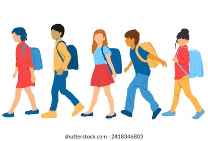 Set of boys and girls walking with backpack, profile, different colors, cartoon character, group of silhouettes of walk people, students, teenagers, design concept of flat icon, isolated on white 