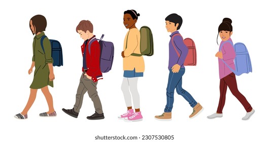 Conjunto de niños y niñas caminando a la escuela primaria o secundaria con la vista lateral de las mochilas. Colección de ilustraciones vectoriales de diferentes edades y etnias aisladas en fondo blanco