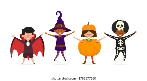 Set of boys and girls wearing in Halloween costumes. Cartoon characters of kid dracula, witch, pumpkin, skeleton. Vector illustration isolated on white background.