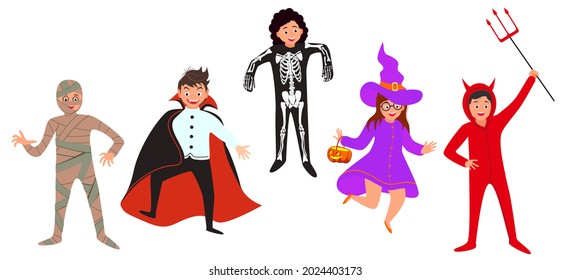 Set of boys and girls wearing Halloween costumes isolated on white background. Cartoon vector characters witch, dracula, devil, skeleton, mummy, for party, web, mascot