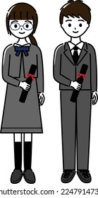 A set of boys and girls who hold a diploma tube in their hands at an elementary school graduation ceremony