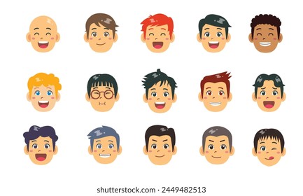 Set of boys happy face vector, boys Avatar with various hairstyle