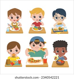 Set of Boys having delicious food.  Children having meal and lunch.