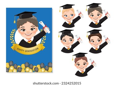 Set of boys holding diploma in academic gown for graduation day, Happy boy cartoon character for graduation day card template vector