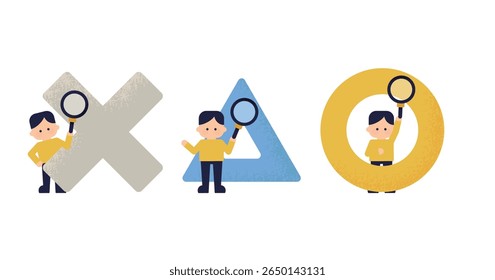 Set of Boys Holding Magnifying Glasses with X, Triangle, and Circle – Decision and Search Concept