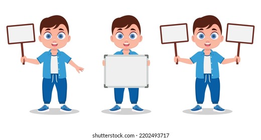 A set of boys, holding a sign in their hands, without an inscription. Vector illustration