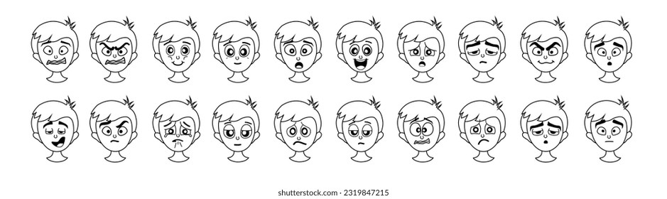 Set of Boys icon with different emotions on a white background with bright ones. Doodle. Isolated.Surprised, scared, crying, joyful, laughing,  tired, cheerful. Vector stock illustration. Mimic. 