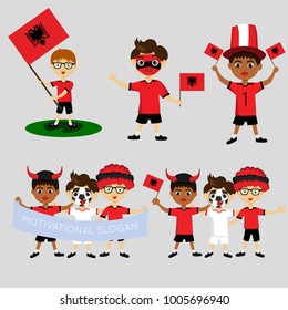 Set of boys with national flags of Albania. Blanks for the day of the flag, independence, nation day and other public holidays. The guys in sports form with the attributes of the football team