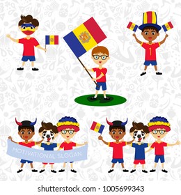 Set of boys with national flags of Andorra. Blanks for the day of the flag, independence, nation day and other public holidays. The guys in sports form with the attributes of the football team