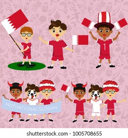 Set of boys with national flags of Bahrain. Blanks for the day of the flag, independence, nation day and other public holidays. The guys in sports form with the attributes of the football team