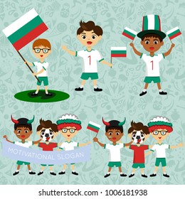 Set of boys with national flags of Bulgaria. Blanks for the day of the flag, independence, nation day and other public holidays. The guys in sports form with the attributes of the football team