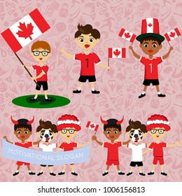 Set of boys with national flags of Canada. Blanks for the day of the flag, independence, nation day and other public holidays. The guys in sports form with the attributes of the football team