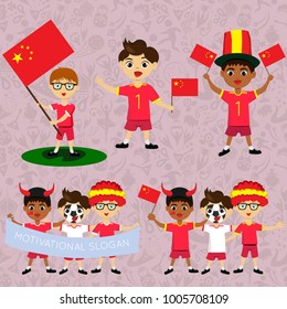 Set of boys with national flags of China. Blanks for the day of the flag, independence, nation day and other public holidays. The guys in sports form with the attributes of the football team