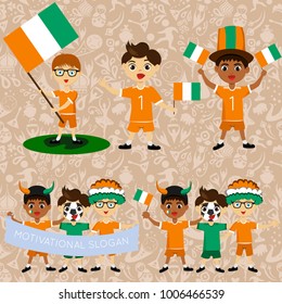 Set of boys with national flags of Cote d'Ivoire. Blanks for the day of the flag, independence, nation day and other public holidays. The guys in sports form with the attributes of the football team