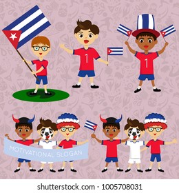 Set of boys with national flags of Cuba. Blanks for the day of the flag, independence, nation day and other public holidays. The guys in sports form with the attributes of the football team