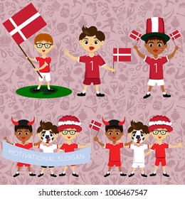 Set of boys with national flags of Denmark. Blanks for the day of the flag, independence, nation day and other public holidays. The guys in sports form with the attributes of the football team
