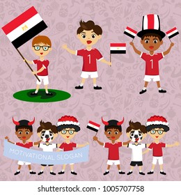 Set of boys with national flags of Egypt. Blanks for the day of the flag, independence, nation day and other public holidays. The guys in sports form with the attributes of the football team