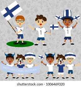 Set of boys with national flags of Finland. Blanks for the day of the flag, independence, nation day and other public holidays. The guys in sports form with the attributes of the football team