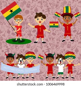 Set of boys with national flags of Ghana. Blanks for the day of the flag, independence, nation day and other public holidays. The guys in sports form with the attributes of the football team