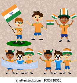 Set of boys with national flags of India Blanks for the day of the flag, independence, nation day and other public holidays. The guys in sports form with the attributes of the football team