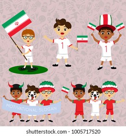 Set of boys with national flags of Iran.Blanks for the day of the flag, independence, nation day and other public holidays. The guys in sports form with the attributes of the football team