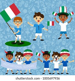 Set of boys with national flags of Italy. Blanks for the day of the flag, independence, nation day and other public holidays. The guys in sports form with the attributes of the football team