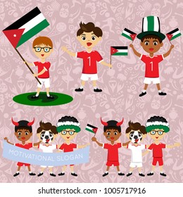 Set of boys with national flags of Jordan. Blanks for the day of the flag, independence, nation day and other public holidays. The guys in sports form with the attributes of the football team