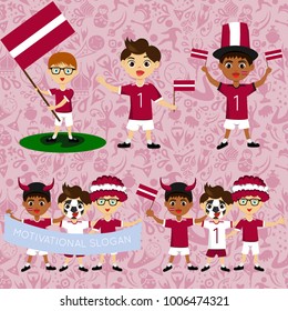 Set of boys with national flags of Latvia. Blanks for the day of the flag, independence, nation day and other public holidays. The guys in sports form with the attributes of the football team