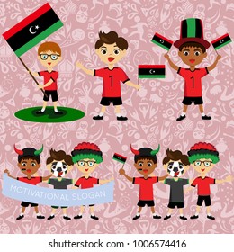 Set of boys with national flags of Libya. Blanks for the day of the flag, independence, nation day and other public holidays. The guys in sports form with the attributes of the football team