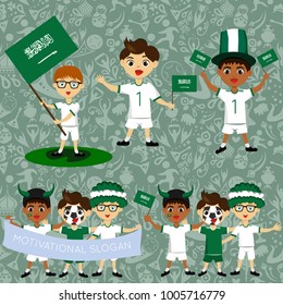 Set of boys with national flags of Saudi Arabia. Blanks for the day of the flag, independence, nation day and other public holidays. The guys in sports form with the attributes of the football team