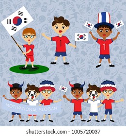 Set of boys with national flags of South Korea. Blanks for the day of the flag, independence, nation day and other public holidays. The guys in sports form with the attributes of the football team