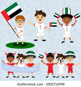 Set of boys with national flags of United Arab Emirates. Blanks for the day of the flag, independence, nation day and public holidays. The guys in sports form with the attributes of the football team