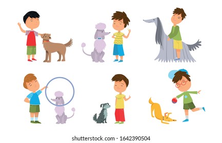 Set of boys playing, walking and training dogs. Vector illustration in flat cartoon style.