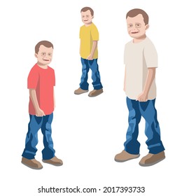 Set of boys in red yellow beige t-short and blue jeans