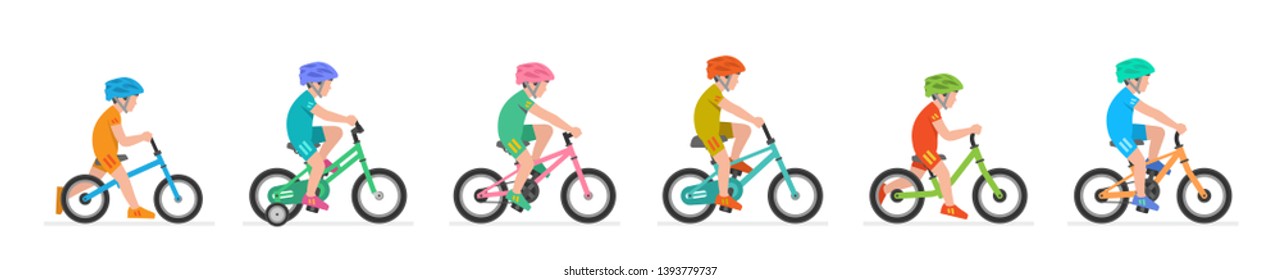 Set of Boys riding bike. isolated on white background