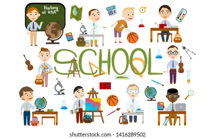A set of boys at school. Student in different lessons: science, history, sports, art, maths, English, information technology, music. Conducting experiments. Cute Vector Illustration