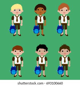 Set boys in school uniform and backpack