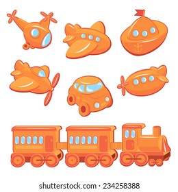 Set of boys toys - transport cartoons - train, car, plane, ship, helicopter, submarine