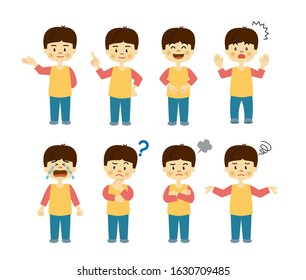 Set of boys with various emotions. Vector data on white background.