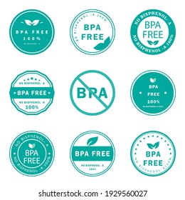 Set of BPA FREE Logo. No Bisphenol A 100%. Flat vector icon for non-toxic plastic. Logo and badge for drinking water bottle, packaging plastic. Vector illustration. 