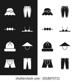 Set Bra, Bow tie, Elegant women hat, Pants, Winter, Asian cical y Men Underpantalones icon. Vector