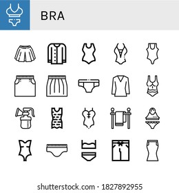 Conjunto de iconos de sujetador. Tales como Bikini, Skirt, Cardigan, traje de baño, ropa interior, blusa, bomba de pechos, ropa, línea de ropa, iconos de sostén