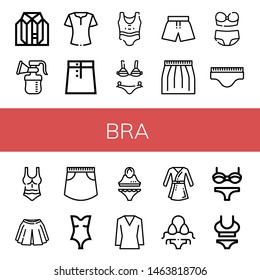 Set of bra icons such as Clothes, Breast pump, Blouse, Skirt, Swimsuit, Bikini, Underwear, Bathrobe , bra