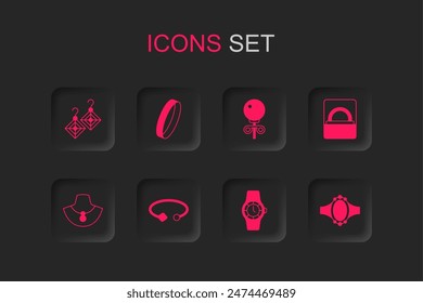 Set Bracelet jewelry, Wedding ring, Earrings, Wrist watch, Diamond engagement box, Stud earrings and Necklace mannequin icon. Vector