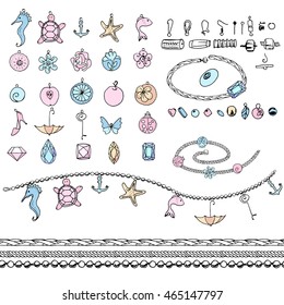 Set with bracelets, beads, chains, woman fashion. Chains are endless, seamless pattern brushes.