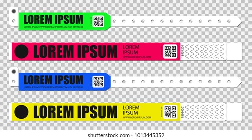 Juego de pulseras para la entrada al evento. Plantillas de pulseras vectoriales de entrada en vivo. Baile, música o conciertos. entrada a la zona del ventilador
