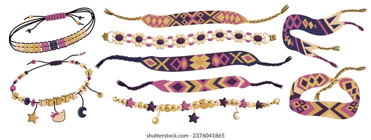 Juego de brazaletes en estilo y2k. Accesorios hechos a mano tejidos a partir de hilos y cuentas. Hobby creando joyas elegantes. Ilustración vectorial al estilo de las caricaturas aisladas en fondo blanco.