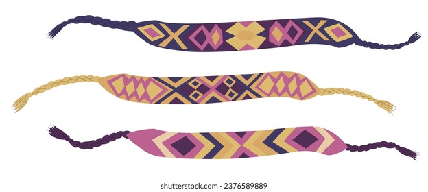 Set of bracelets in y2k style. Handmade accessories woven from threads. Hobby creating stylish jewelry. Vector illustration in cartoon style isolated on white background.